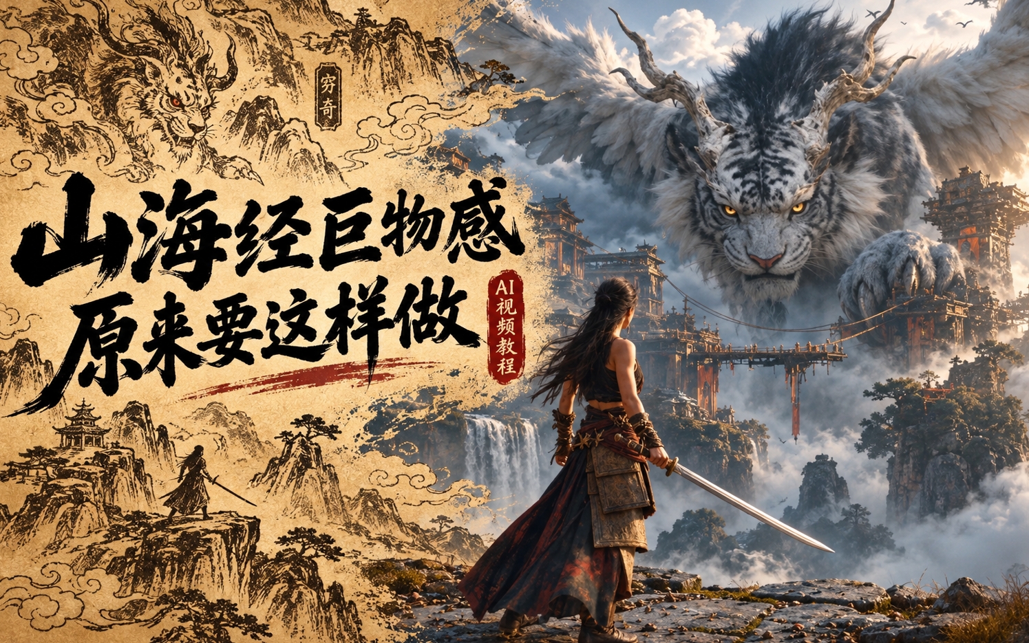 【AI影视】巨物感不是把怪兽放大！用山海经穷奇做一条电影级AI巨兽短片
